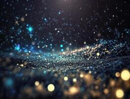 Dark blue and glow particle abstract background Blurry bokeh background with sparkles, particles and glitter created with Generative AI technology photo