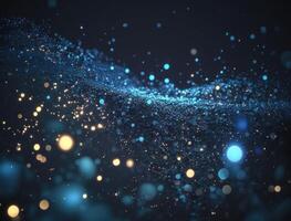 Dark blue and glow particle abstract background Blurry bokeh background with sparkles, particles and glitter created with technology photo