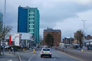 Low Angle View of Downtown City Center of British City London Luton Town of England UK. The Image Was Captured at Central Luton  City During a Cold and Cloudy Evening of 26-March-2023 photo