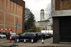 Low Angle View of Downtown City Center of British City London Luton Town of England UK. The Image Was Captured at Central Luton  City During a Cold and Cloudy Evening of 01-April-2023 photo