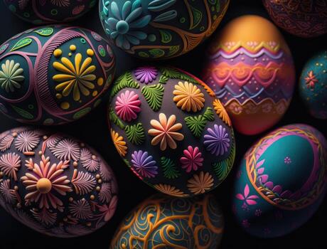 Happy Easter background concept with colorful easter eggs flat lay created with technology photo
