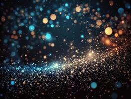 Dark blue and glow particle abstract background Blurry bokeh background with sparkles, particles and glitter created with technology photo