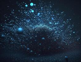 Dark blue and glow particle abstract background Blurry bokeh background with sparkles, particles and glitter created with technology photo