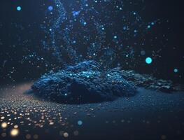 Dark blue and glow particle abstract background Blurry bokeh background with sparkles, particles and glitter created with technology photo