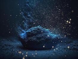 Dark blue and glow particle abstract background Blurry bokeh background with sparkles, particles and glitter created with technology photo