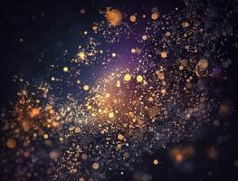 Dark blue and glow particle abstract background Blurry bokeh background with sparkles, particles and glitter created with technology photo