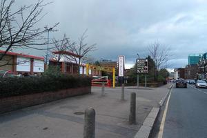 Low Angle View of Downtown City Center of British City London Luton Town of England UK. The Image Was Captured at Central Luton  City During a Cold and Cloudy Evening of 26-March-2023 photo