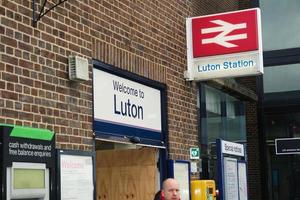 Low Angle View of Luton Central Bus Station at Main Railway Station of Downtown Luton City of England Great Britain. The Image Was Captured on 01-April-2023 on Cloudy and Cold Evening photo