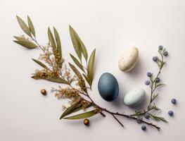 Happy Easter background concept with easter eggs and willow branch on a white background created with technology photo