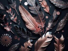 Flat lay bird feathers rose gold sequins and rhinestones black wood texture holographic high detail top view created with technology photo