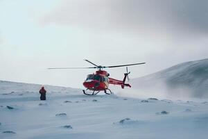 Search operation in mountains. Medical rescue helicopter in snowy mountains. photo