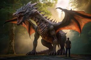 Man stands in front of huge dragon, fantasy world. photo