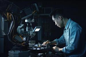 Engineer with tablet computer at factory workplace. Industrial worker. photo