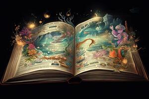 Open magical book with fantasy landscape over pages. photo