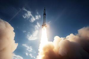 Rocket launch from cosmodrome. Space mission. photo