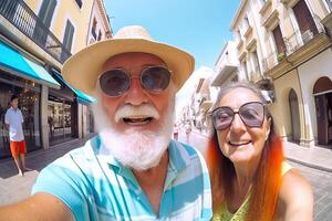 mayor hombre y mujer son caminando juntos, sonriente y engañando alrededor. generativo ai foto