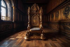 vacío real trono en oscuro castillo salón. fantasía medieval trono para rey. creado con generativo ai foto