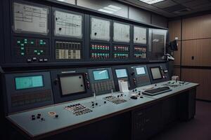 Central control panel. Operator workplace with a lot of screens and button. photo