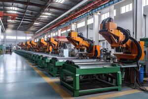 Robotic arms on the assembly line. Automated conveyor on factory. photo