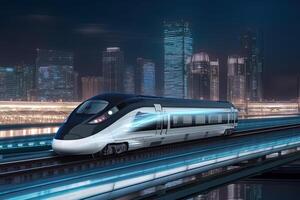 moderno alto velocidad tren a noche. rápido tren en ciudad con movimiento difuminar efecto. generativo ai foto