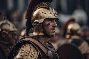 retrato de romano soldado. antiguo guerrero en batalla. creado con generativo ai foto