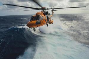 Search and rescue operation in sea. Emergency rescue helicopter over sea surface. photo