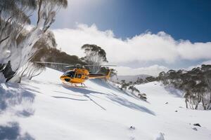 Search operation in mountains. Medical rescue helicopter in snowy mountains. photo