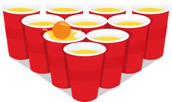 Red beer pong plastic cups and ball with splashing. Traditional party drinking game png