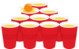 rosso birra pong plastica tazze e palla con schizzi. tradizionale festa potabile gioco png