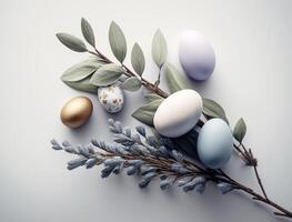 Happy Easter background concept with easter eggs and willow branch on a white background created with technology photo