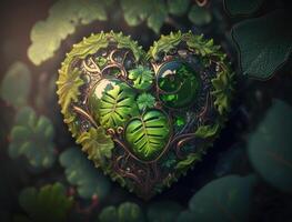 Green heart made by foliage that represents environmental protection created with technology photo