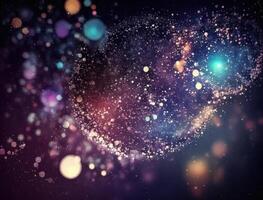 Dark blue and glow particle abstract background Blurry bokeh background with sparkles, particles and glitter created with technology photo