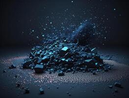 Dark blue and glow particle abstract background Blurry bokeh background with sparkles, particles and glitter created with technology photo