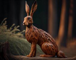 Carved brown wooden hare. Sculpture in the park. photo