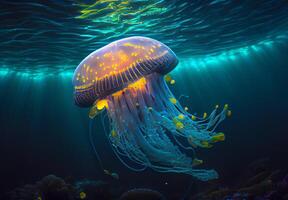 neon jellyfish in the sea. blue glow jellyfish. photo