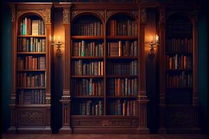 wooden private library with a large collection of books. photo