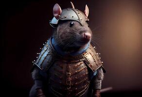 little rat warrior in armor. dangerous rodent of the Middle Ages. photo