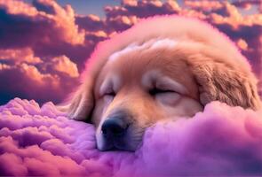 dormido perro en un nube. cielo para perros. mascota muerte. ai generado foto