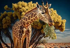 the muzzle of a giraffe eats foliage from a tree. photo