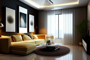 Interior of modern living room with yellow sofa, coffee table and curtains - rendering photo