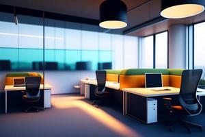 Interior of modern office with blue walls, carpeted floor, rows of computer tables and orange chairs. 3d rendering photo