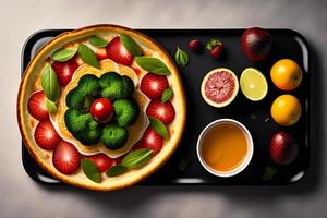 Healthy food with fruit and vegetables on black background, top viewHealthy food with fruit and vegetables on black background, top view photo