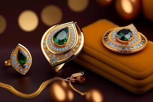 Luxury golden earrings with emeralds on black background photo