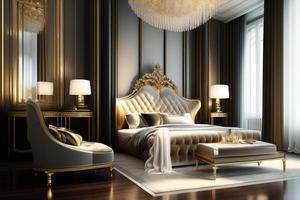 Luxury living room interior with golden furniture. 3D Rendering photo