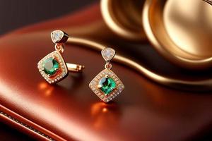 Pair of gold earrings with emeralds in leather case photo