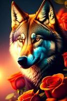 Portrait of a wolf with red roses. 3D rendering. photo