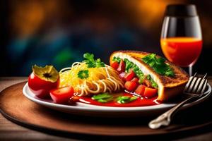 Spaghetti with tomato sauce and parsley on a wooden table. photo