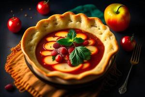 Tart with raspberries and cherry tomatoes on a black background photo