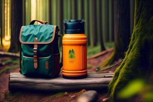 Tourist camping equipment with backpack, camera and flask on green grass. photo