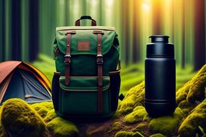 Tourist camping equipment with backpack, camera and flask on green grass. photo